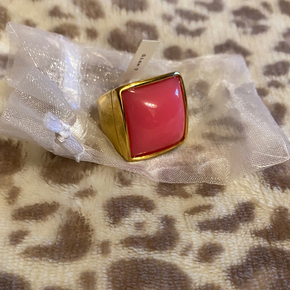 Plunder Gold-Tone Ring with Bright Pink Square Cabochon